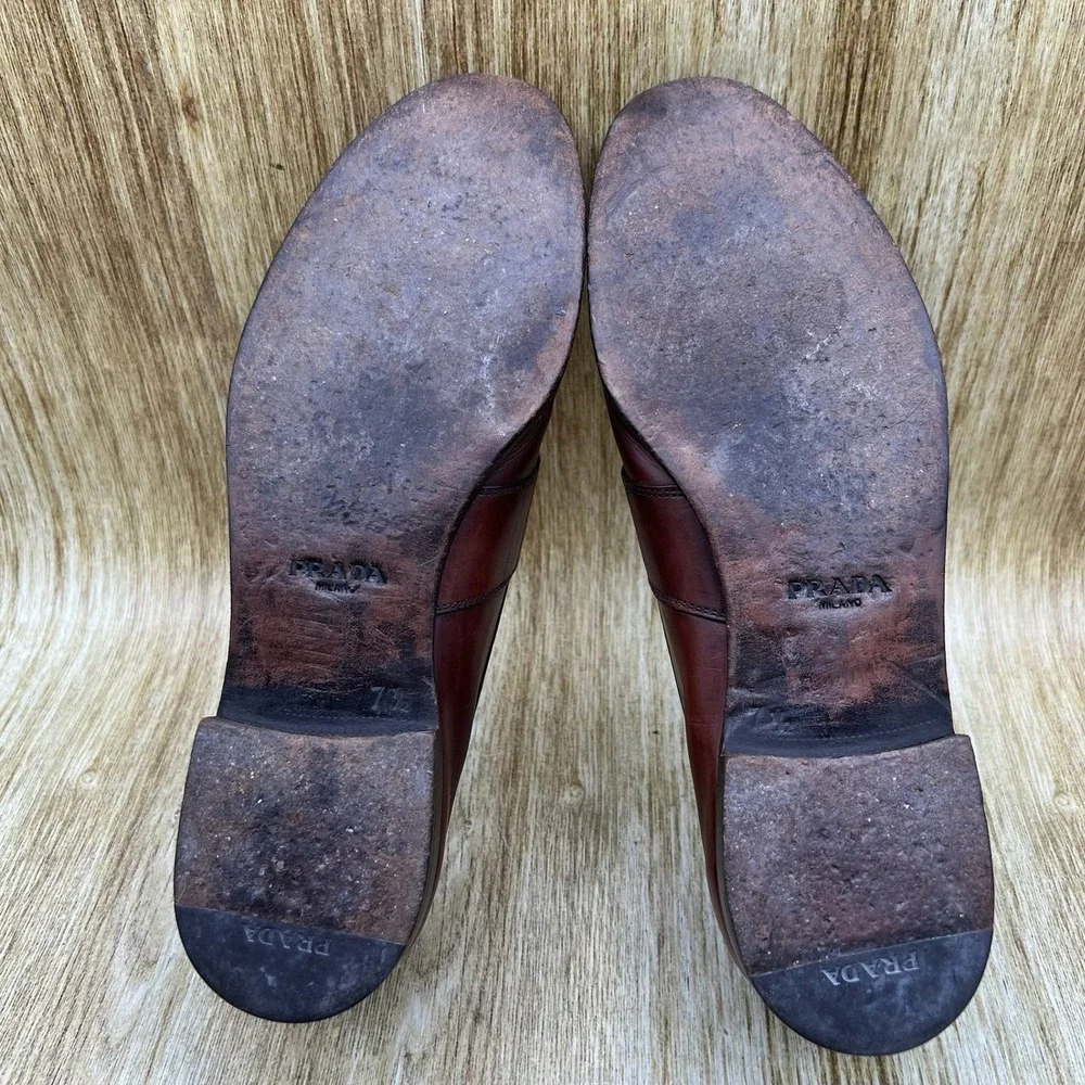 Prada Penny Loafers Men's Size 7.5 Brown Leather Made in Italy Dress Shoes
